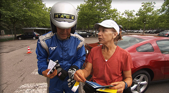 "The Amazing Race" contestants Bill and Cathi at the Ford Proving Grounds in Lommel, Belgium 