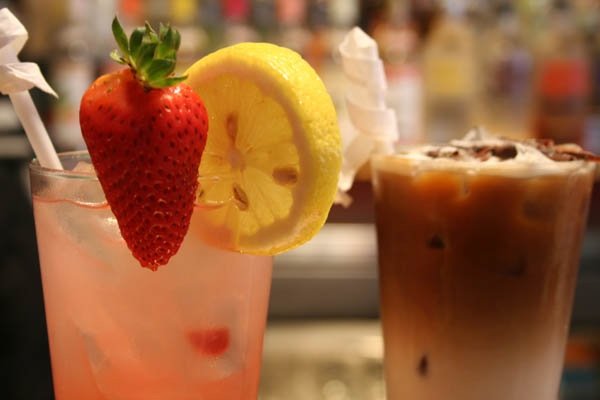 Strawberry mint iced tea with iced cappuccino 