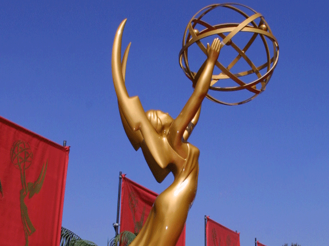 A lifesize Emmy statuette is on display Oct. 7, 2001, at The Shrine Auditorium in Los Angeles, Calif. 