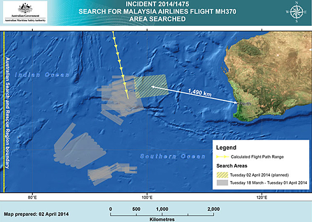 Malaysia Airlines Flight 370 search area for April 2 
