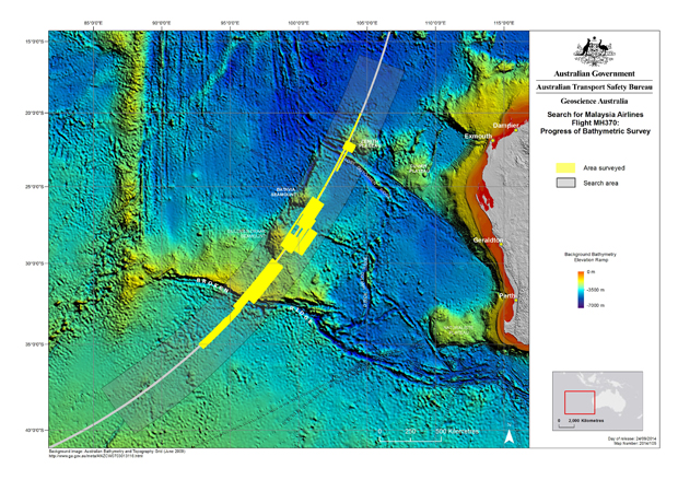 Details are presented in the search for the missing Malaysia Airlines Flight 370 in the southern Indian Ocean in this map provided Sept. 24, 2014, by the Australian Transport Safety Bureau. 