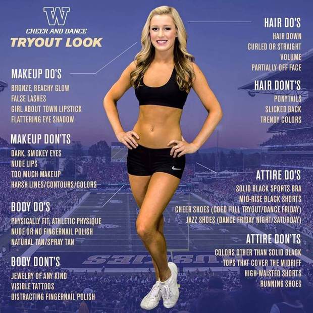 An infographic of "tryout look" advice was posted to the University of Washington cheer and dance team's Facebook page. 