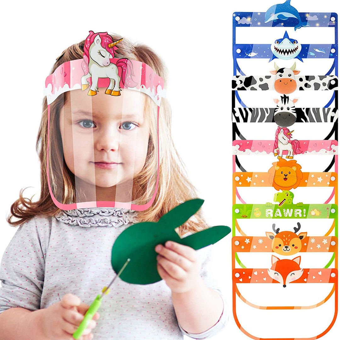 9-Pack Kids' Safety Face Shields Fully Wrap-Around Protection Breathable Covering Clear Visor Cartoon Animals Reusable Lightweight High-Transparency Elastic Headband Pad Comfortable Fit for Boys Girls 