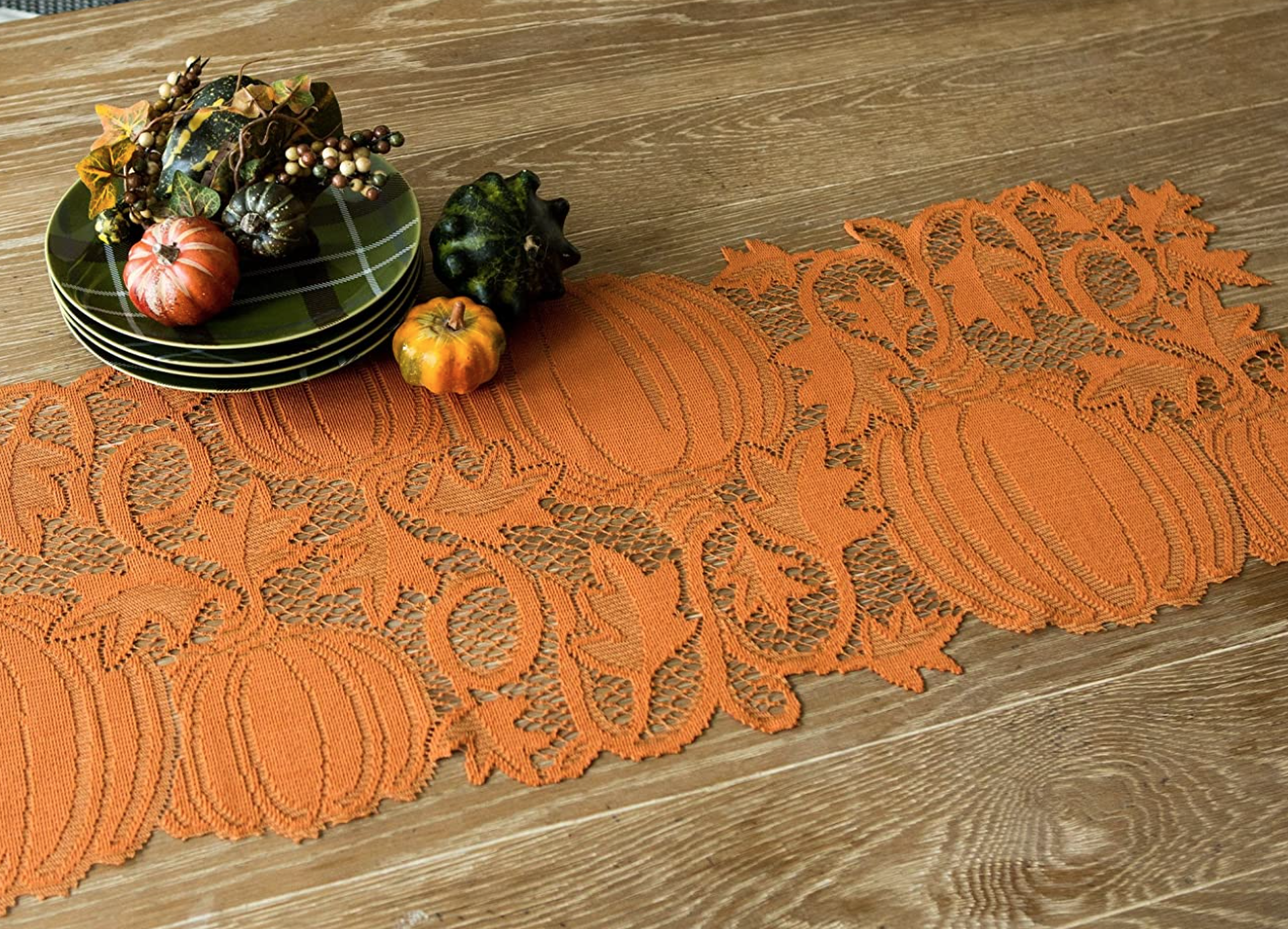 Heritage Lace pumpkin vine orange table runner 