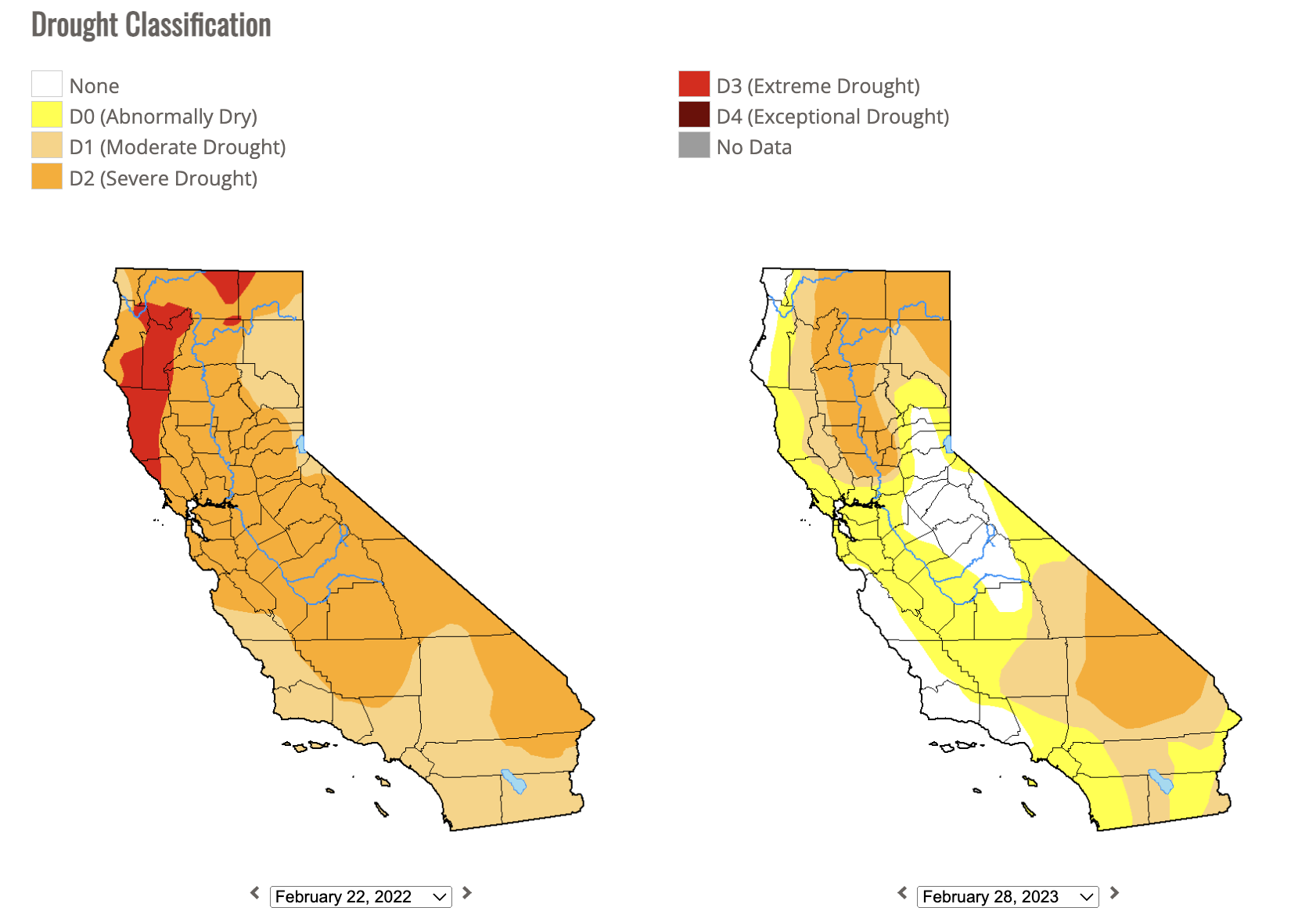 California's drought map in Feb. 2022 and in Feb. 2023 