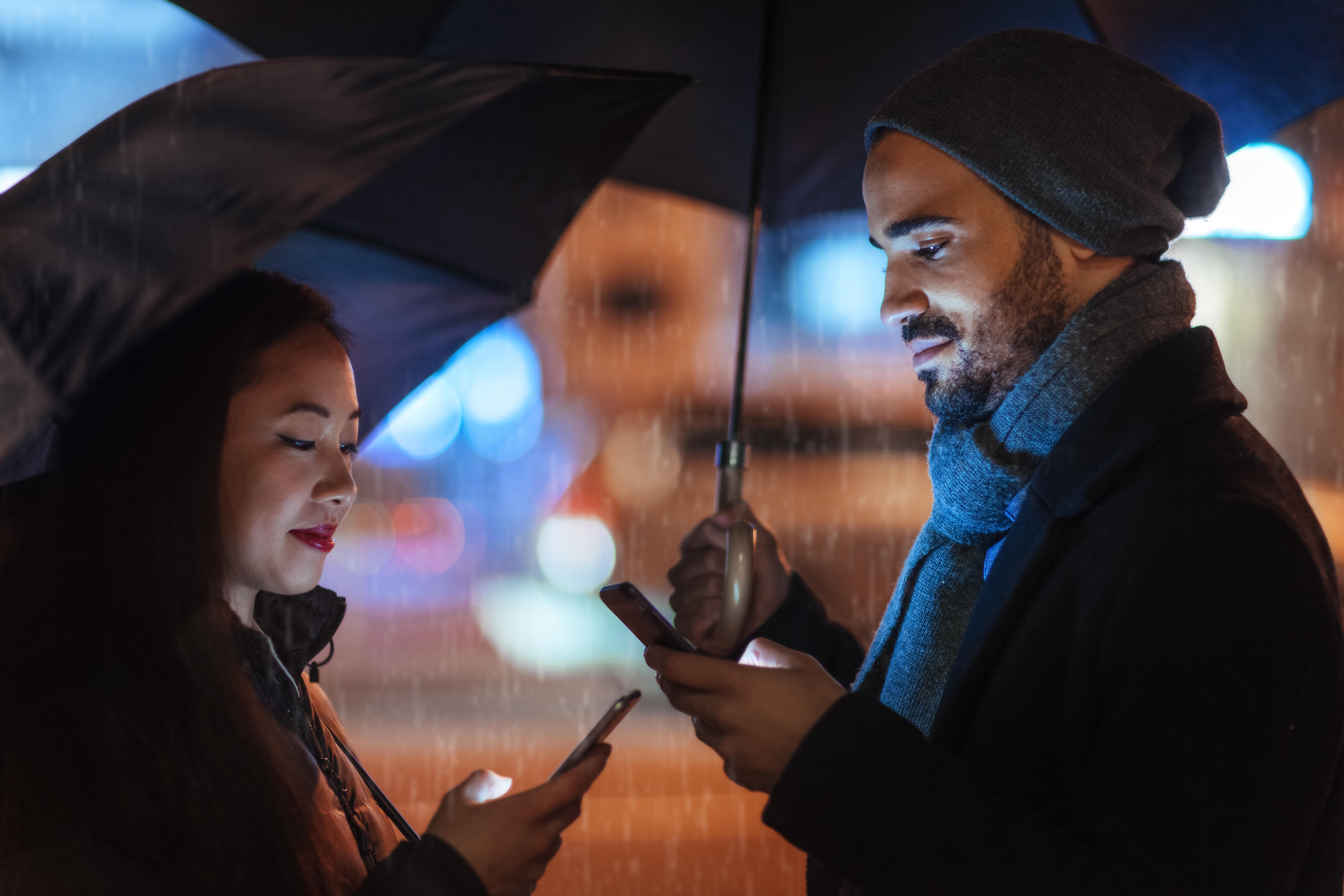 Street portrait of young couples on a rainy day 