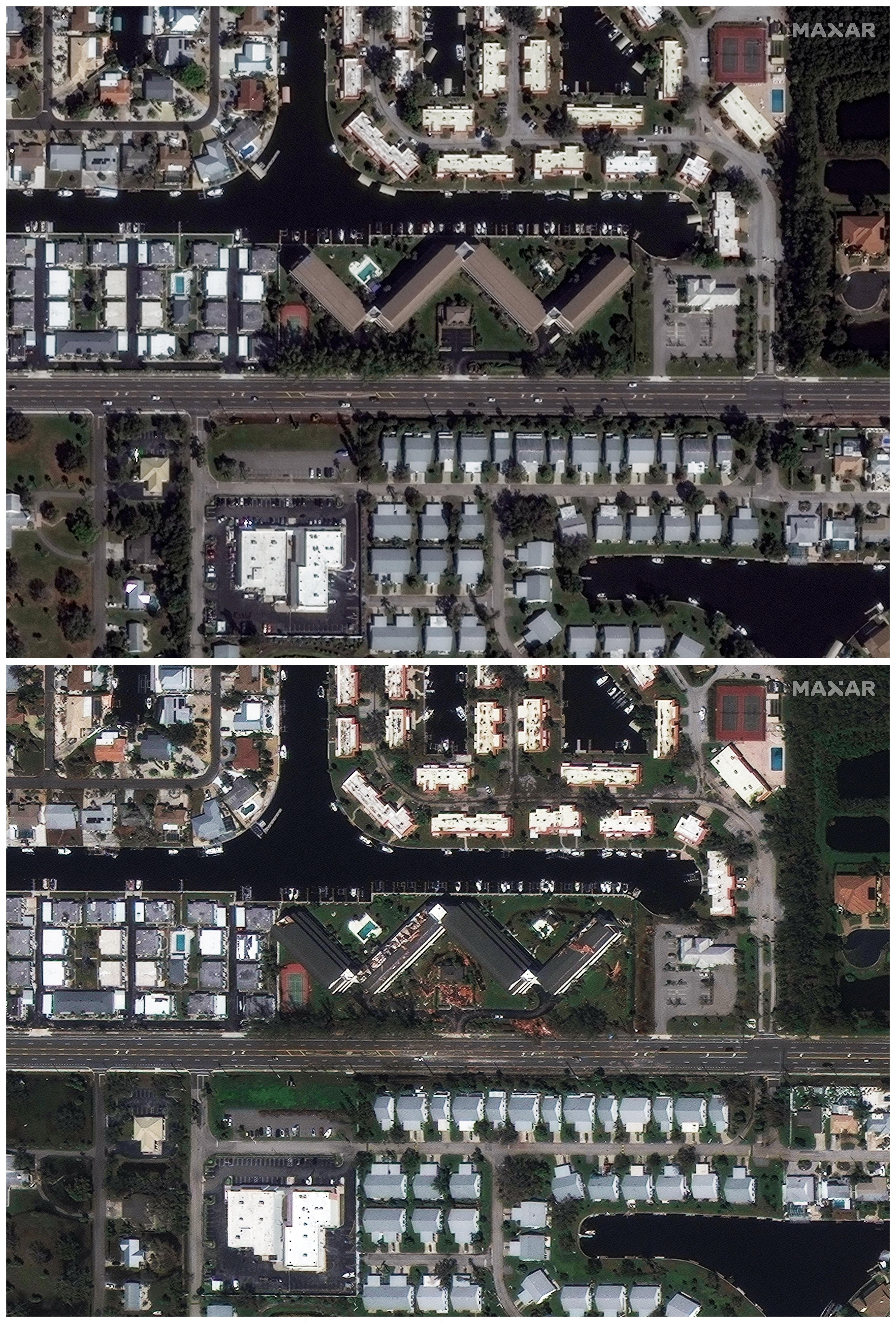 Combination picture of the Waterway Condominium Association building before and after the passing of Hurricane Milton, in Cortez, Florida 