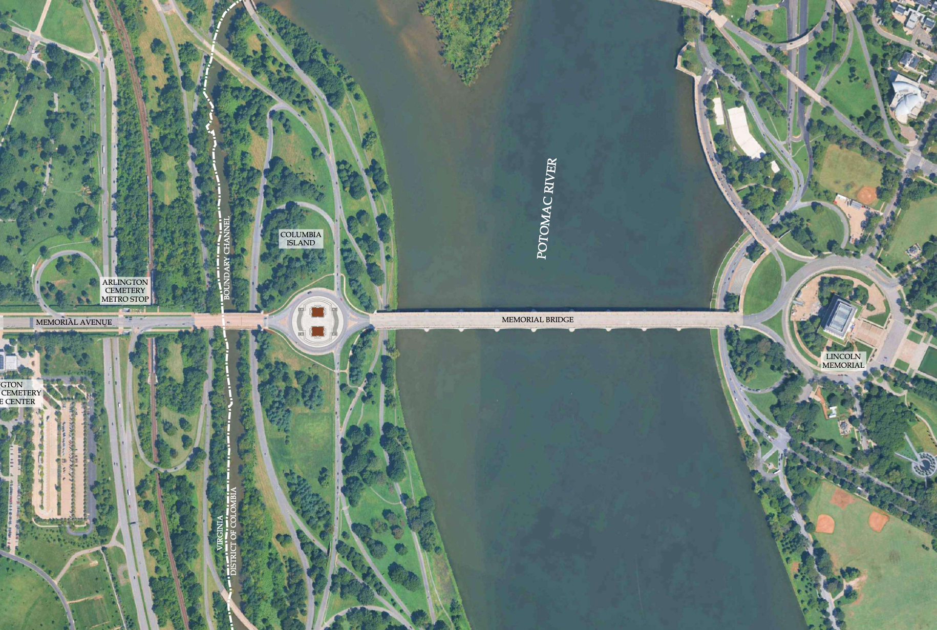The arch would be located in Virginia, across the Potomac from the Lincoln Memorial. 