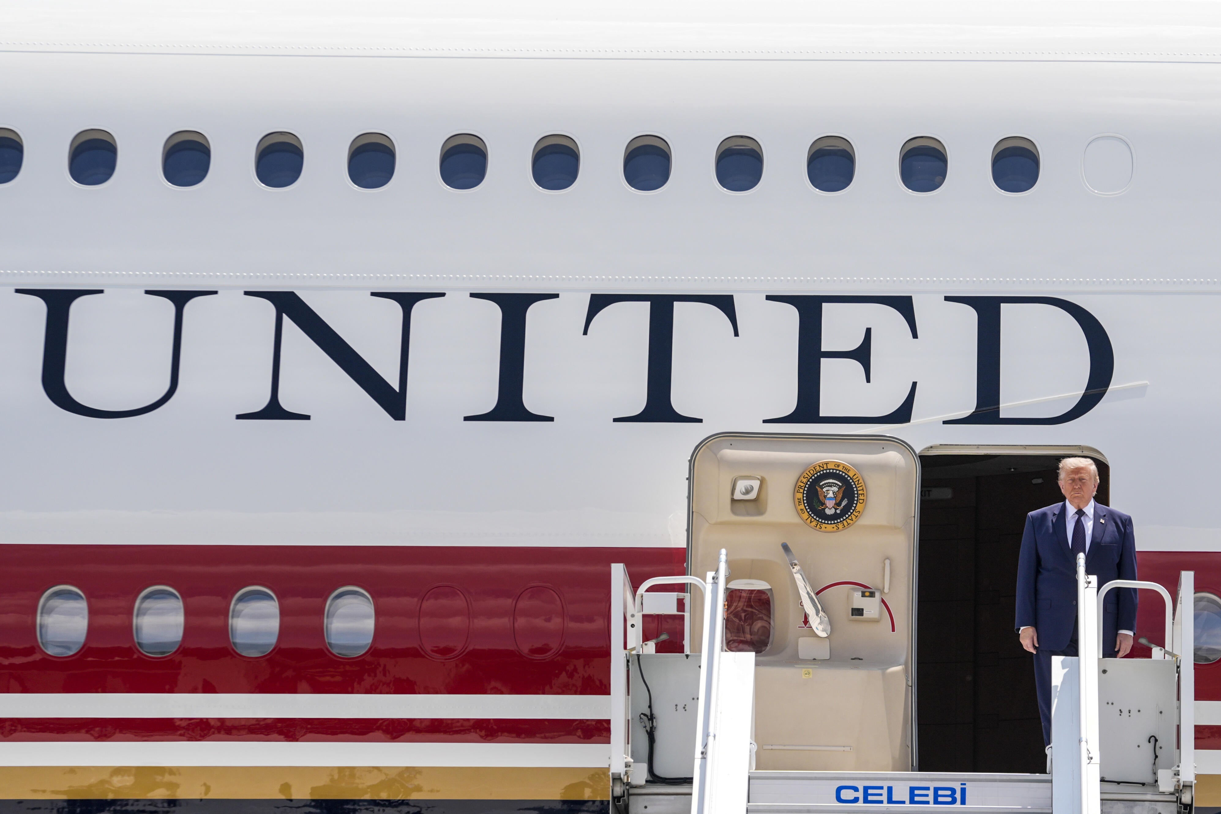 President Trump steps off Air Force One as he arrives for the NATO summit in Ankara, Turkey, on Tuesday, July 7, 2026.
