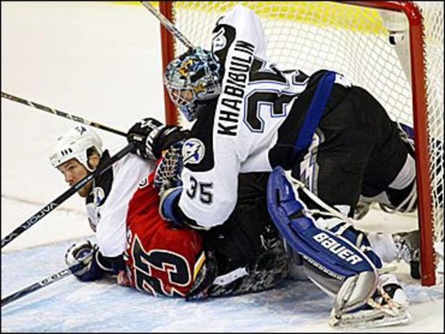 Calgary Flames Jarome Iginla scores past Tampa Bay Lightning goaltender  Nikolai Khabibulin during third period of game three of the NHL Stanley Cup  Finals Saturday, May 29, 2004 in Calgary. The Flames