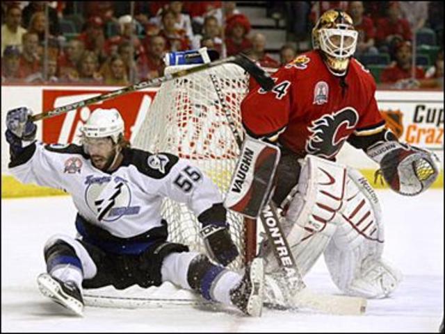 Calgary Flames Jarome Iginla scores past Tampa Bay Lightning goaltender  Nikolai Khabibulin during third period of game three of the NHL Stanley Cup  Finals Saturday, May 29, 2004 in Calgary. The Flames