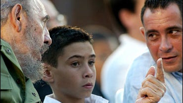Fidel Castro in Cardenas, Cuba, at Elian Gonzalez' 12th birthday, w Elian's dad, Juan Miguel Gonzalez, 12-6-05. 