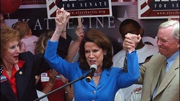 Republican Senate candidate Rep. Katherine Harris, center, celebrates her victory in the Florida primary, Sept. 5, 2006, at her campaign headquarters in Tampa. 