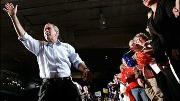 President Bush waves to supporters after speaking at a campaign rally at Island Grove Regional Park, Saturday, Nov. 4, 2006, in Greeley, Colo. 
