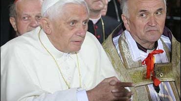 The Rev. Janusz Bielanski, right, with Pope Benedict XVI, left, in a file photo in Krakow, Poland from May 27, 2006. 