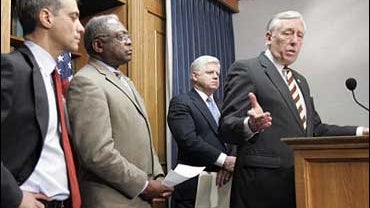 House Majority Leader Steny Hoyer and Reps. Rahm Emanuel, Jim Clyburn and John Larson, at news conference on Capitol Hill, Tuesday, Feb. 13, 2007. 