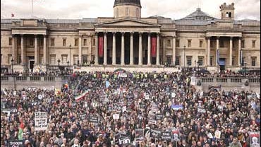 London, Trafalgar Square, protest, anti-war, protestor, Iraq, Trident, nuclear missile defense system 