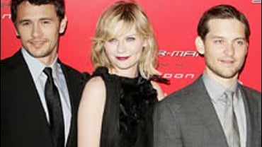 Actors James Franco, left, Kirsten Dunst, center, and Tobey Maguire pose at the UK premiere of "Spider-Man 3" at Odeon Leicester Square on April 23, 2007, in London, England. The cast has been busy promoting the film around the world. 