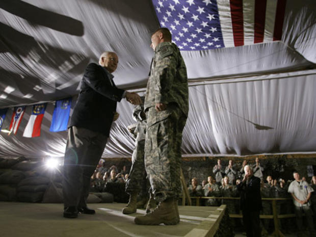 Vice President Dick Cheney participates in a rally with troops at Camp Speicher, Iraq. Thursday, May 10, 2007. 