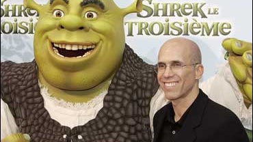 American film producer and CEO of DreamWorks Animation SKG Jeffrey Katzenberg poses with the character Shrek for photographers during a media event before the evening's premier of "Shrek the Third," Thursday, June 7, 2007 in Paris, France. 