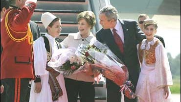 President George Bush and first lady Laura Bush welcomed in Albania 