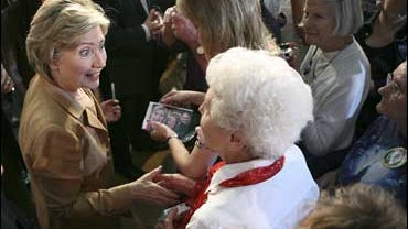 Democratic presidential hopeful Sen. Hillary Rodham Clinton, D-N.Y., greets supporters after delivering her speech on the economy Monday, Oct. 8, 2007, in Cedar Rapids, Iowa. (AP Photo/Charlie Neibergall) 