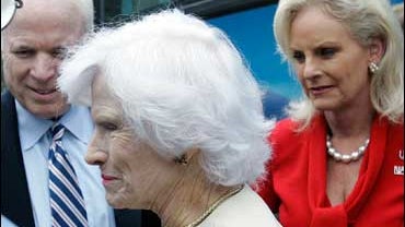 Republican Presidential hopeful Sen. John McCain, R-Ariz, introduces his mother Roberta McCain as his wife Cindy McCain looks on during a campaign stop at Wildwood Downs Retirement Center Wednesday, Oct. 17, 2007, in Columbia, S.C. 