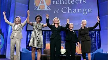 Presidential candidate's spouses, from left, Jeri Thompson, Michelle Obama, Ann Romney, Elizabeth Edwards, and Cindy Hensley McCain pose together after speaking at the California Governor and First Lady's Conference on Women in Long Beach, Calif. on Tuesd 