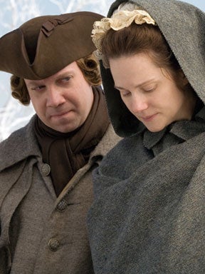 This undated photo released by HBO shows Tom Wilkinson, left, portraying Benjamin Franklin, Sean McKenzie, second from left, portraying Edward Bancroft and Paul Giamatti, portraying John Adams in a scene from the HBO films miniseries "John Adams." 