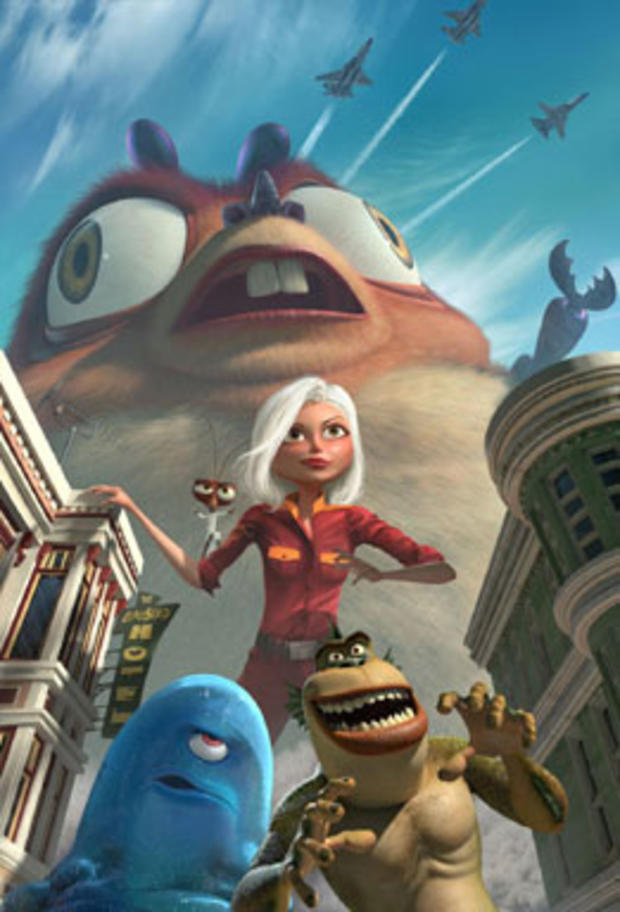 "Monsters vs. Aliens" reinvents the classic 1950s monster movie into an irreverent modern day action comedy. With the earth under attack by an unstoppable alien, it's up to the monsters -(top to bottom) Insectosaurus; Ginormica, Dr. Cockroach, Ph.D., the  