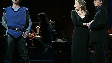 Nathan Gunn, left, Marin Mazzie, center, performing as Guenevere and Gabriel Byrne 