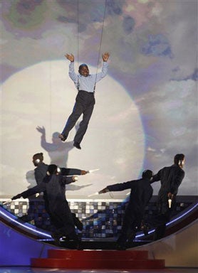 Actor Gray Coleman flies on to stage during the opening of the TV Land Awards on Sunday June 8, 2008 in Santa Monica, Calif. 