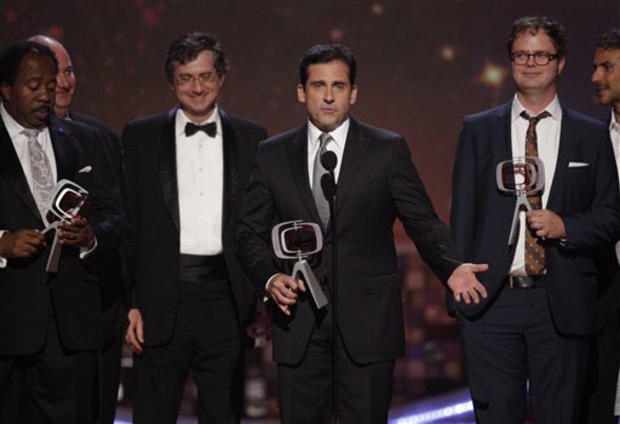 Steve Carrell, center, and the cast of The Office accept the future classic award at the TV Land Awards on Sunday June 8, 2008 in Santa Monica, Calif. 