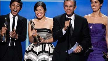 Members of the cast and crew of Ugly Betty accept the special achievement award for outstanding performance of a Latino ensemble in a television series at the National Council of La Raza ALMA Awards in Pasadena, Calif. on Sunday Aug. 17, 2008. From left a 