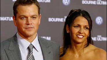  In this Aug. 21, 2007 file photo, Matt Damon, left, arrives with his wife Luciana Barroso at Potsdamer Platz square for the German premiere of his movie The Bourne Ultimatum in Berlin. Damon's wife Luciana gave birth to a baby girl Wednesday, his spokesw 