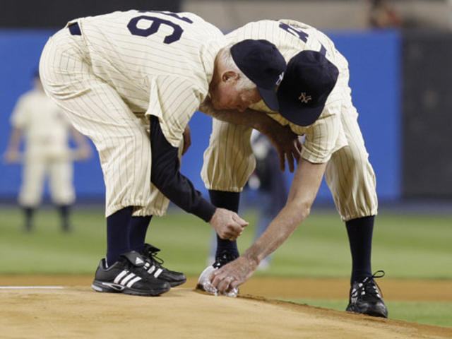 Julia Ruth Stevens, the daughter of former New York Yankee Babe Ruth,  throws a pitch to Yankees catcher Jorge Posada during ceremonies at Yankee  Stadium in New York on Sunday, Sept. 21