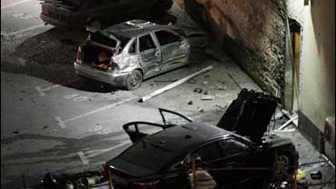 Police investigate the site of explosion near the offices of weekly magazine Nacional in Zagreb, Croatia 