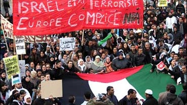 Demonstrators in Marseille carry a large Palestinian flag in a protest against Israel's military operation in Gaza 