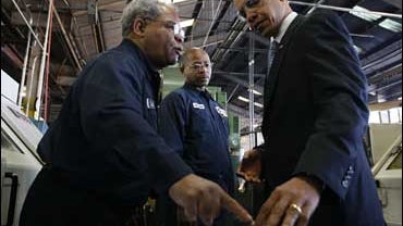 President-elect Barack Obama talks to employees at Cardinal Fastener and Specialty Co., which manufactures screws and bolts needed for commercial construction and wind turbines, Jan. 16, 2009, in Bedford Heights, Ohio. 