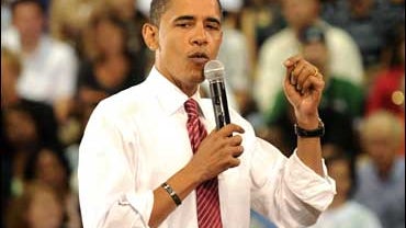 Barack Obama answers a question at a town hall meeting at Concord High School in Elkhart, Ind. 