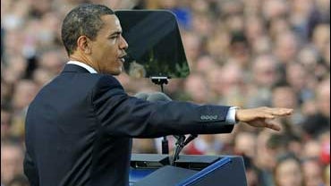 U.S. President Barack Obama delivers a speech in front of thousands of people on the Hradcanske square near the Prague Castle in Prague 