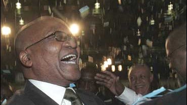 African National Congress presidential candidate Jacob Zuma reacts after his party won the 2009 presidential elections at the Independent Electoral commission result center in Pretoria, South Africa 