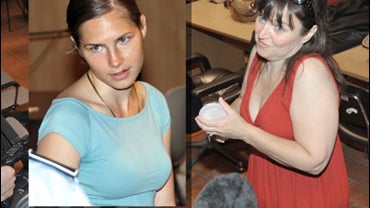Edda Mellas, mother of murder suspect Amanda Knox (insert), speaks to journalists inside the courtroom in Perugia, Italy, Saturday, June 20, 2009. 