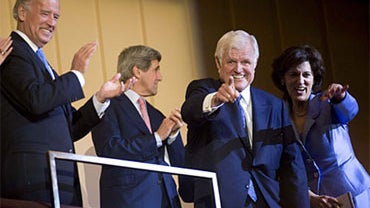 Sen. Edward Kennedy, D-Mass., second from right, acknowledges the audience with his wife, Vicki Kennedy, right, Vice-President Joe Biden, left, and Sen. John Kerry, D-Mass., after a musical birthday salute to Kennedy at The Kennedy Center Sunday, March 8, 