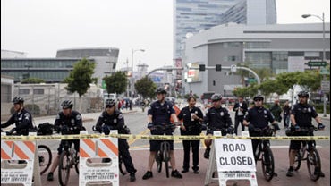 Police at the public memorial service for Michael Jackson Tuesday, July 7, 2009, in Los Angeles. (AP Photo/Marcio Sanchez) 
