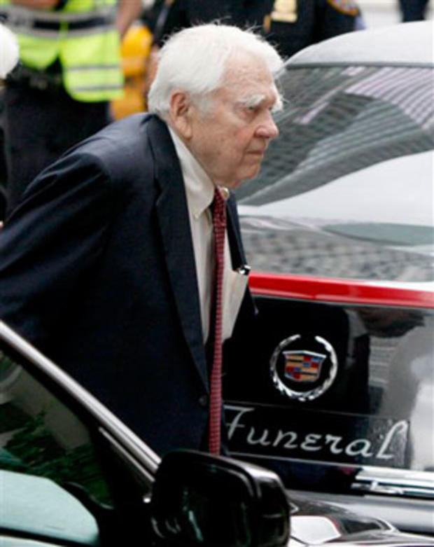 "60 Minutes" correspondent Andy Rooney arrives for Walter Cronkite's funeral at St. Bartholomew's Church on Park Ave. in New York, Thursday, July 23, 2009. Rooney was expected to speak at the funeral for Cronkite, who died last Friday at his Manhattan hom 