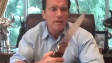 California Gov. Arnold Schwarzenegger is shown in a scene from his Twitter video he posted July 21, 2009 related to the state's budget crisis. 