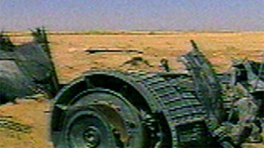 Wreckage in the Iraqi desert of an F-18 which crashed on January 17, 1991 during the opening hours of the Gulf War. 