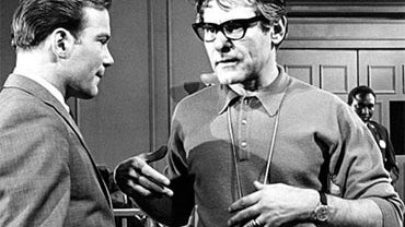 Director Sam Wanamaker, right, makes a point to series star William Shatner as they prepare for an important scene for Part II of the drama, "Act of Violence," on "For the People" on CBS-TV on Feb. 28, 1965. 