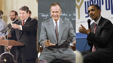 President Ronald Reagan points to a student for a question in the State Dining Room of the White House, Nov. 15, 1988; President George H. W. Bush sits on a stool at Alice Deal Junior High School, Oct. 1, 1991 in Washington; and President Barack Obama spe 